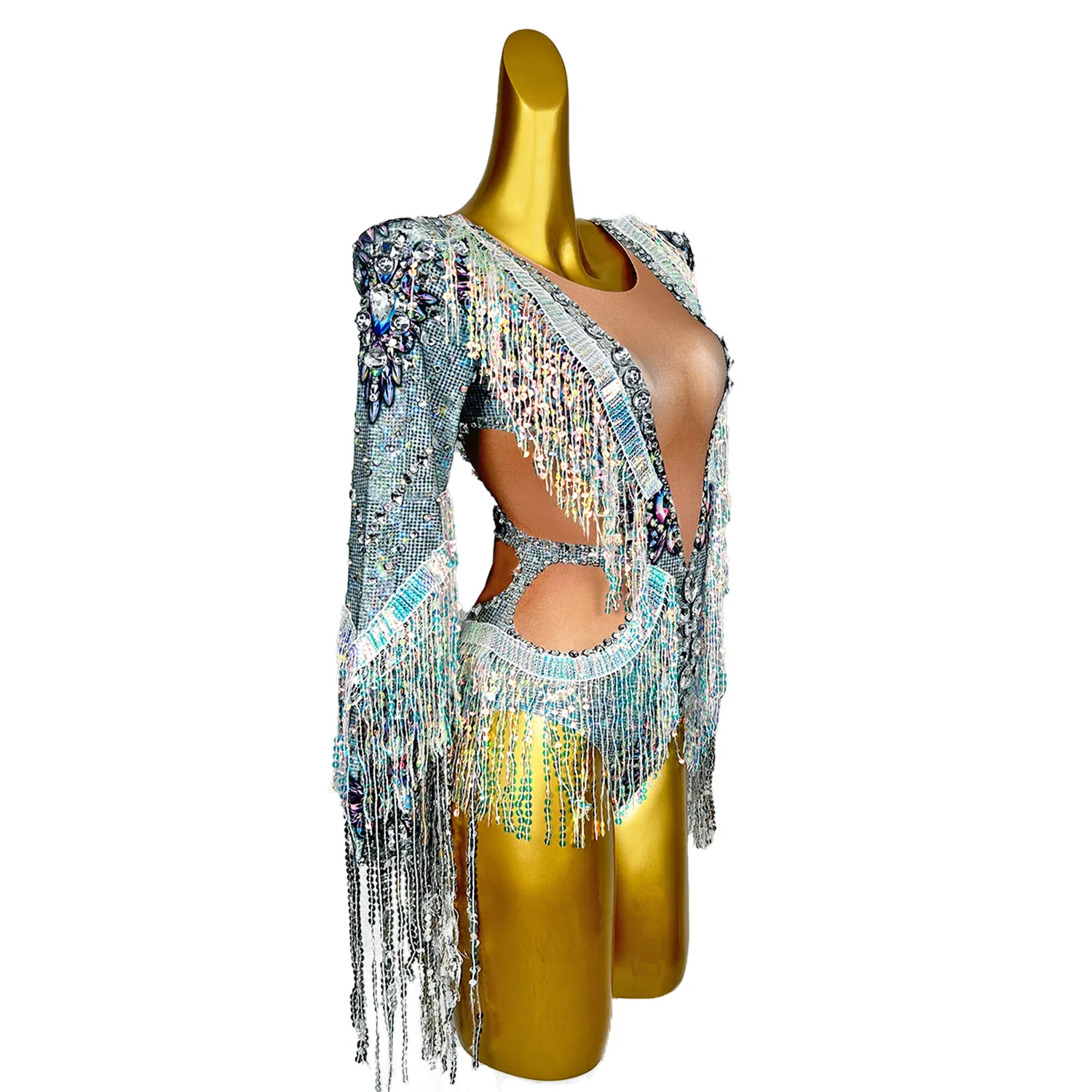 Qiaqia Sparkly Sequin Tassel Leotard Sexy Crystal Long Sleeve Bodysuit Women Nightclub DJ Clothing Stage Singer Perform Costume