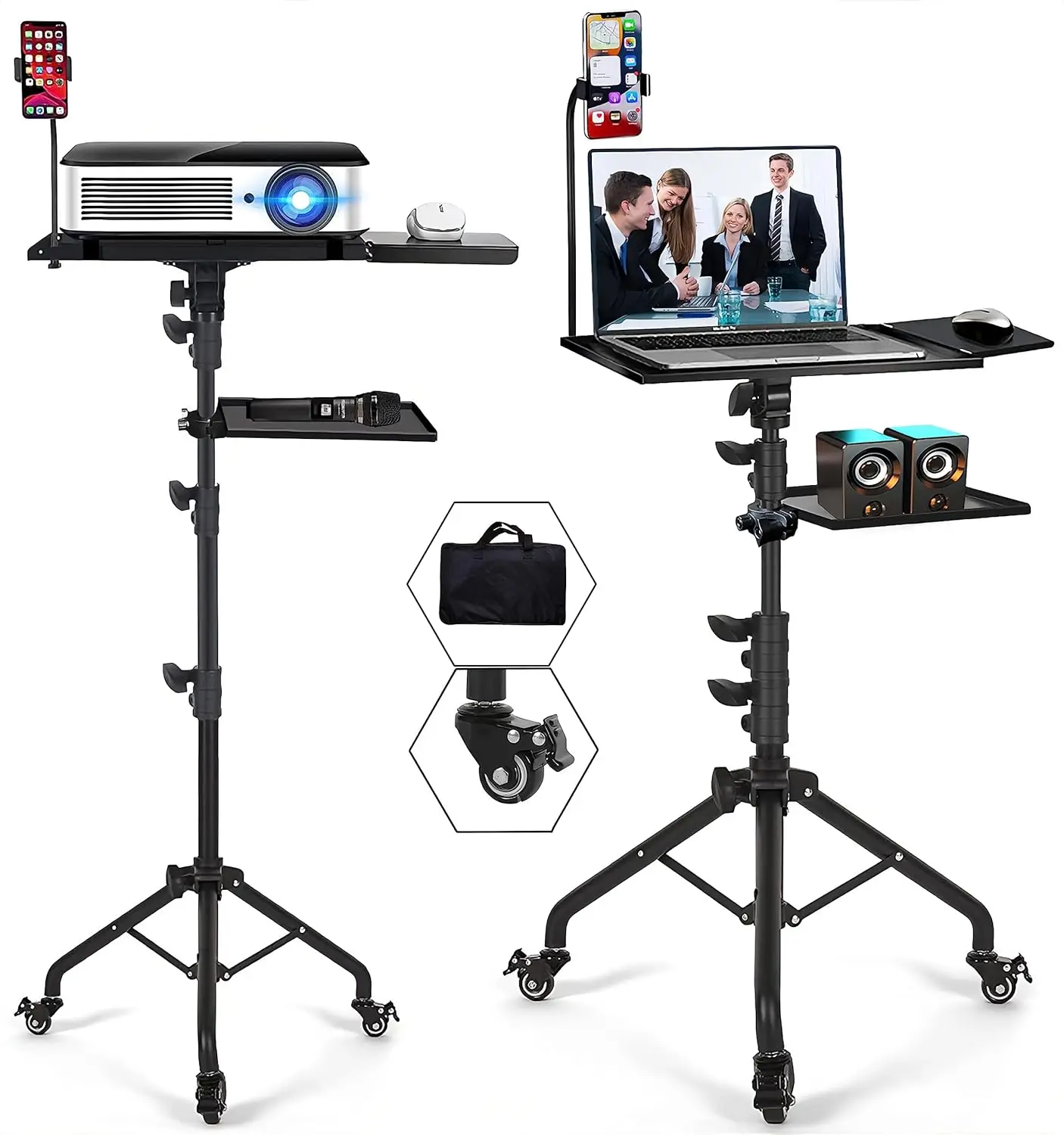

Adjustable Height Projector Tripod Stand with Wheels, 2 Shelves, Mouse Tray & Phone Holder for Office Home Use