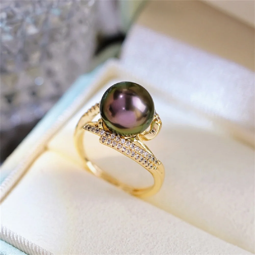 Stunning Natural  AAAA++++ New 9-10mm tahitian Pearl 18K gold-plated cross beautiful line ring in gold and silver