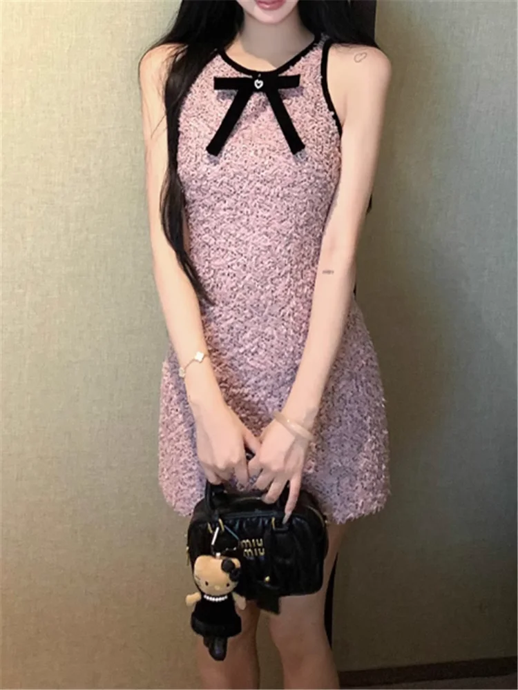 French Celebrity Lady Summer Bow Purple Pencil Tank Dress Elegant Women Sleeveless Bodycon Suspender Straps Mini Party Dress