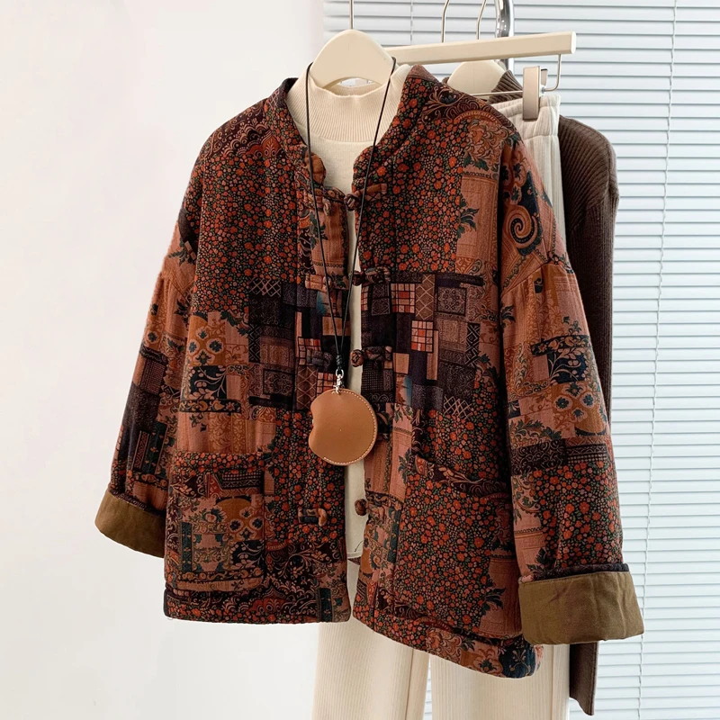 

Thickened Cotton Flax Print Stand Collar Short Jacket Women's Winter Warm Top Small Outerwear Retro Anti-Aging Style