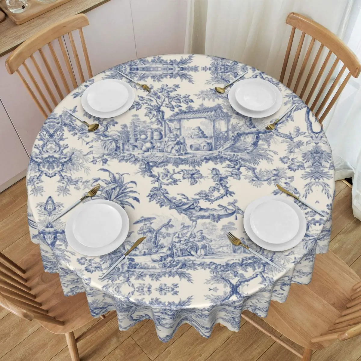 Round Fitted Toile De Jouy Patterns Table Cloth Waterproof Tablecloth 60 inch Table Cover for Kitchen Dinning