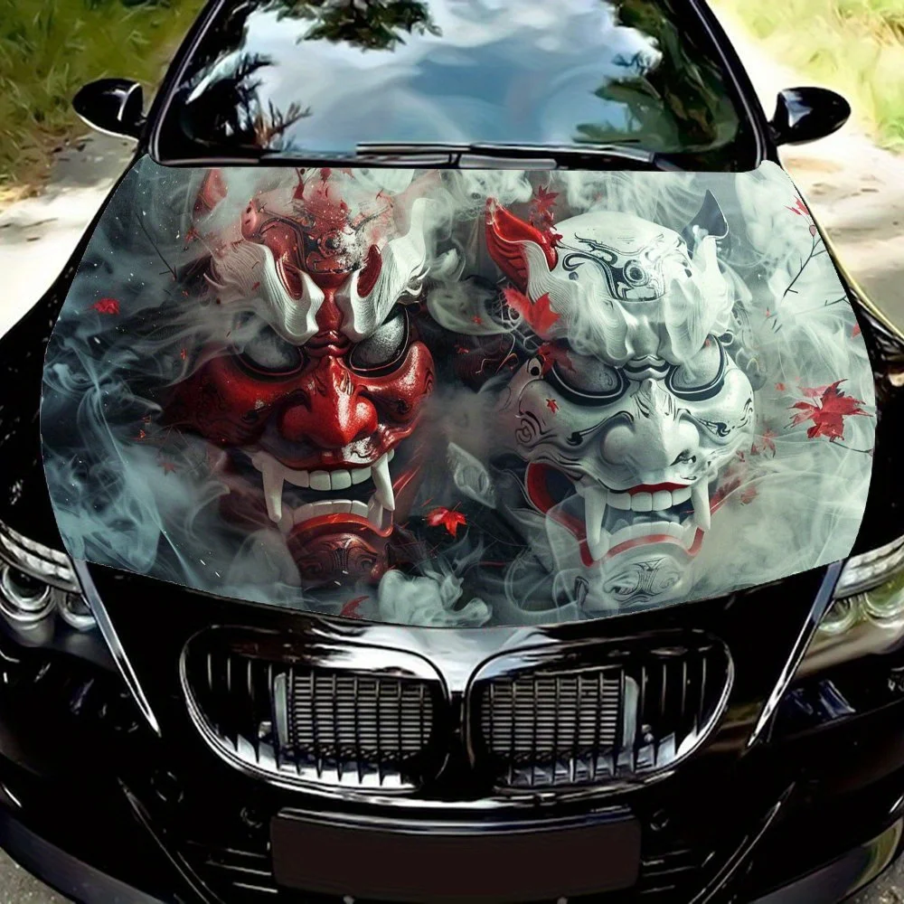 

Red and White Prajna Masks with Smoke and Petals Car Hood Wrap Color Vinyl Sticker Truck Graphic Bonnet Auto Accessories Decorat