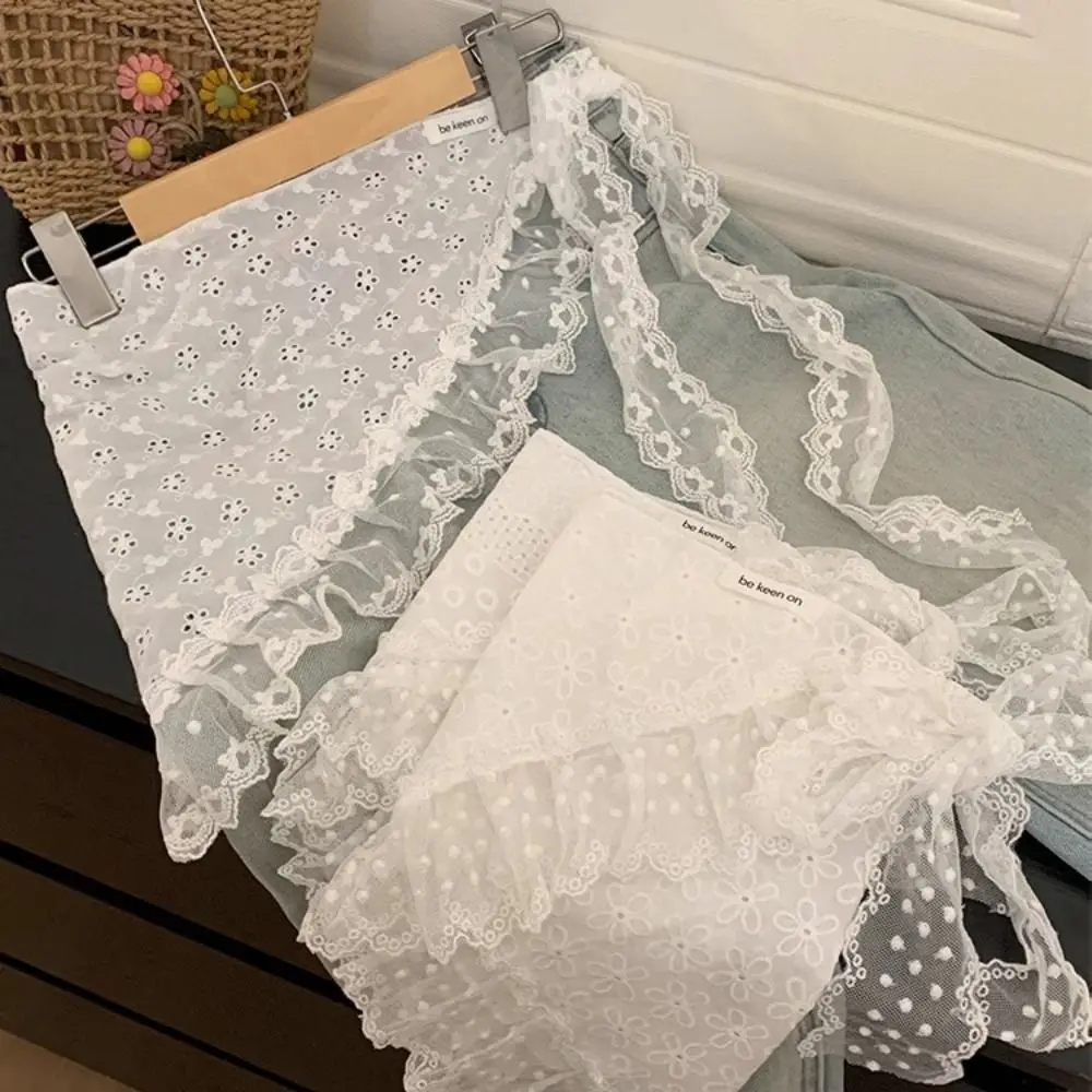 Rok Mini Renda Manis Lembut Rok Kasa Gaya Korea Bunga Rok Tepi Ruffle Bertali Pinggang Tinggi Wanita