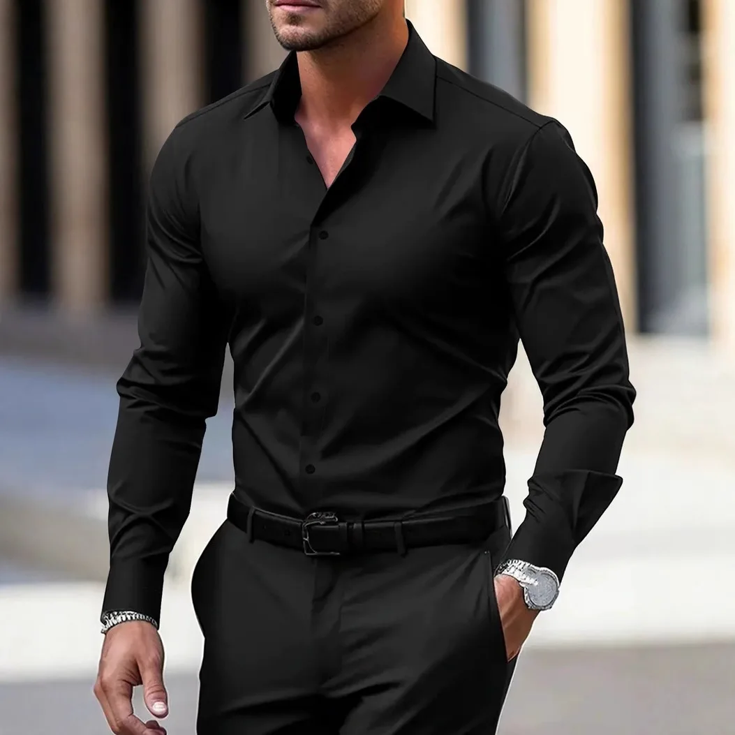 American Shiny Satin Slim Wrinkle-Free Long Sleeve Shirt Men's Casual Base Layer Top