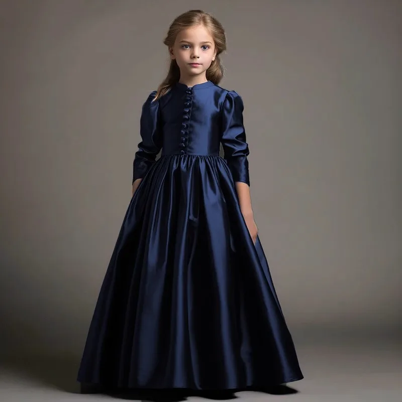 È Yiiya Abito da ragazza di fiore modesto personalizzato Vino rosso Raso Collo alto Bottoni Maniche a 3/4 A-line Lunghezza pavimento Abito per bambini T059