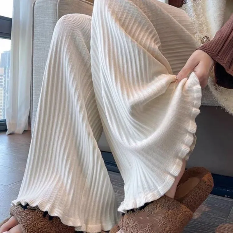 سميكة معلقة عالية الخصر لوتس ليف بنطال ذو قصة أرجل واسعة للنساء عادية متوهج السراويل الخريف الشتاء جديد محبوك السراويل للنساء