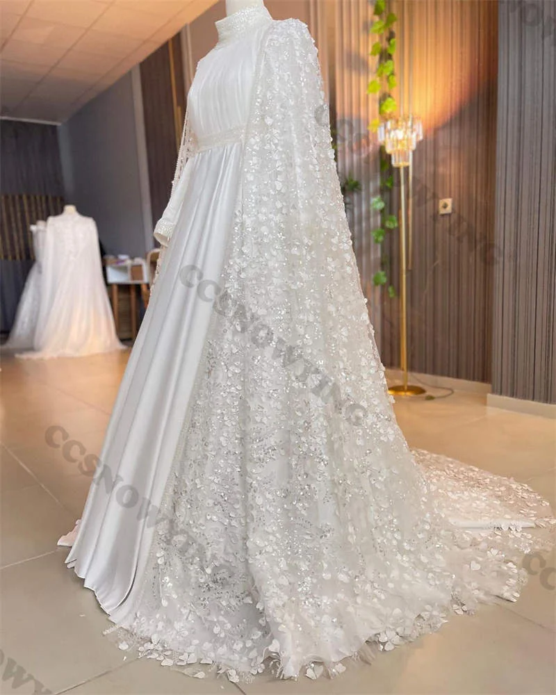 Satin Appliques Beaded Muslim Wedding Dress for Bride Islamic Long Sleeve with Cape Bridal Gowns Arabic Dubai Robe De Mariée