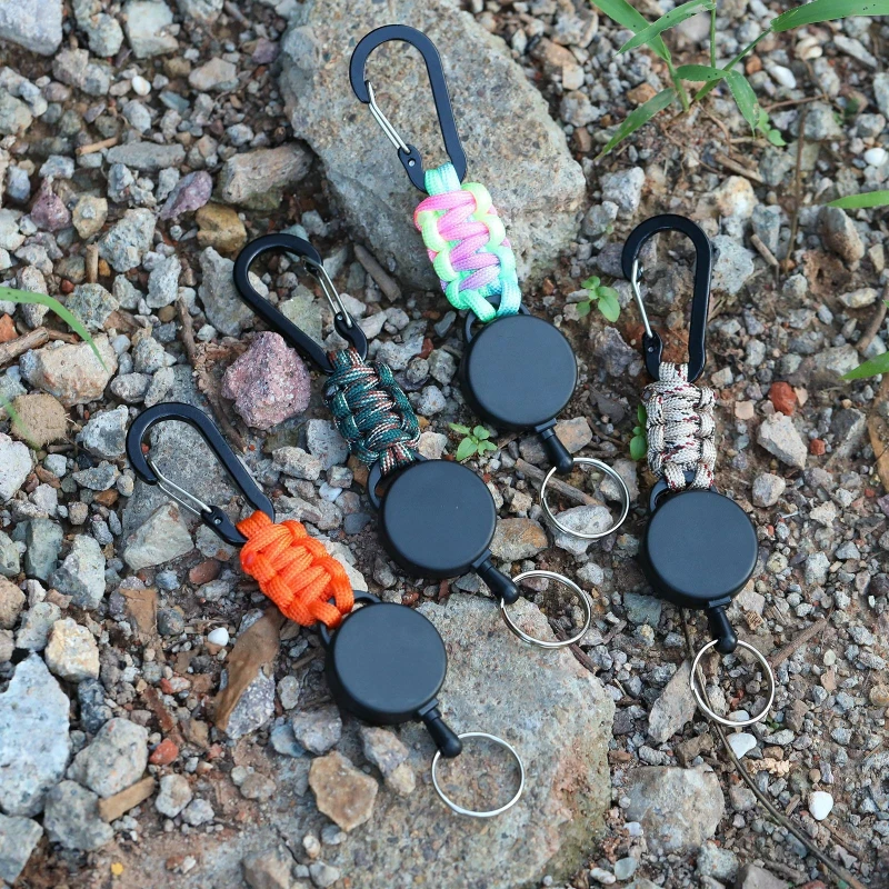 Retractable Paracord Keychain Heavy Duty Badge Reel with Carabiner Clip for Outdoor Hiking Work  Badge Holder Key Ring Colorful