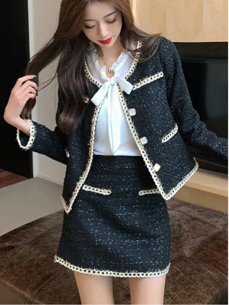 Autumn Winter Elegant Black Tweed 2 Piece Set Women Long Sleeve Woolen Jacket Short Coat Mini Skirts Suits Fashion Two Piece Set