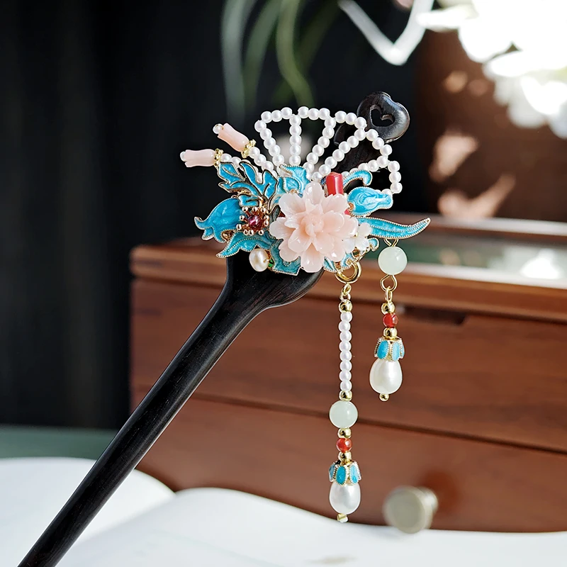 Original Design of the Hunting Hairpin: Retro Pan Hair Hairpin Qipao Hanfu Black Sandalwood Tassel Hairpin Headpiece Pipa Fan