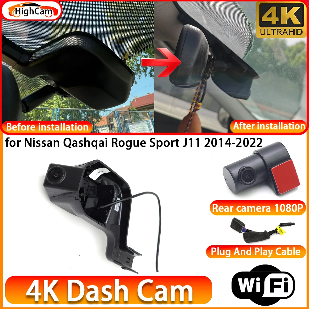 HighCam for Nissan Qashqai Rogue Sport J11 2014-2022 OEM 4K DVR Dash Cam Front Rear Camera WiFi Video Recorder Plug and Play