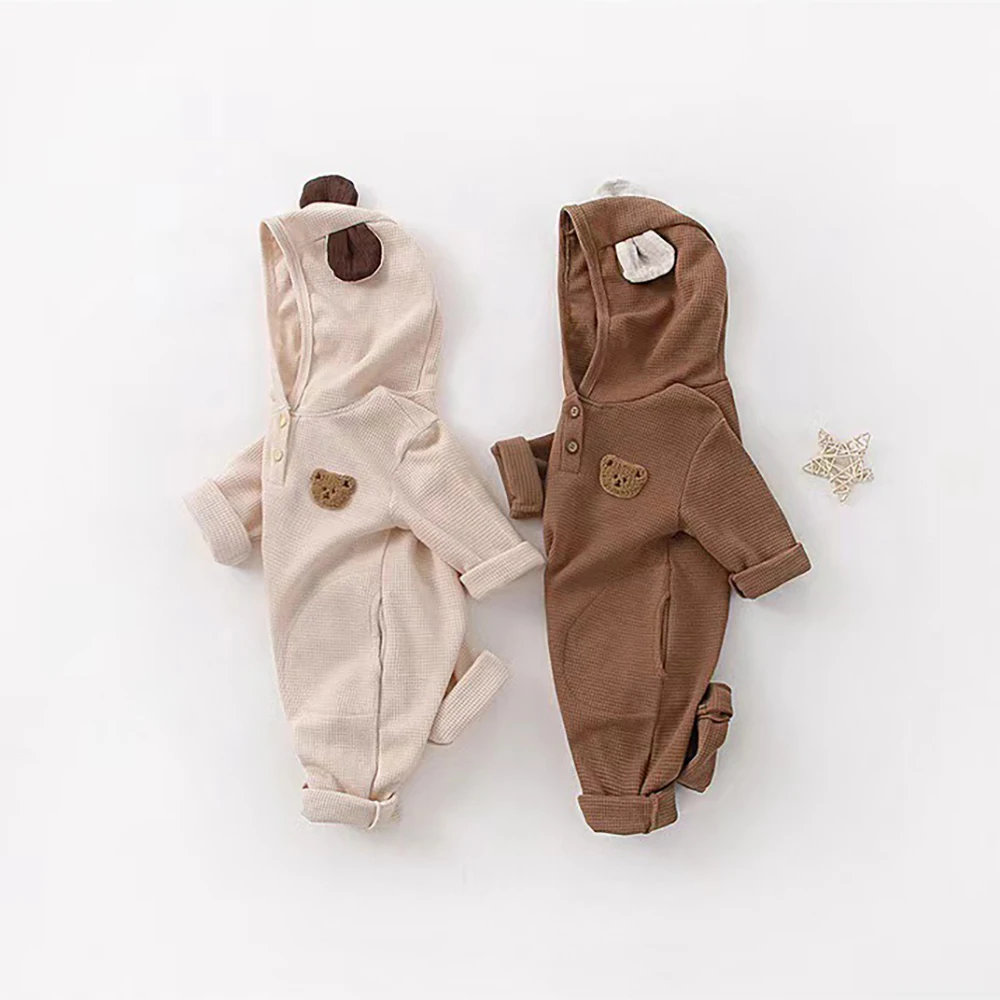 MILANCEL Autumn Baby Waffle Rompers 0-2Y Infant Girls Cute Bear Hooded Jumpsuit Boys Casual Onesie Toddler Long Sleeve Clothes