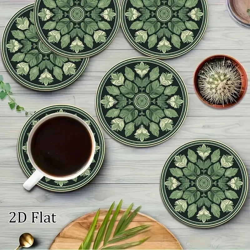 Conjunto de Porta-Copos de Madeira em Forma de Folha Verde Elegante 2D para Mesa de Jantar e Mesa de Café, Porta-Copos Decorativos Artísticos