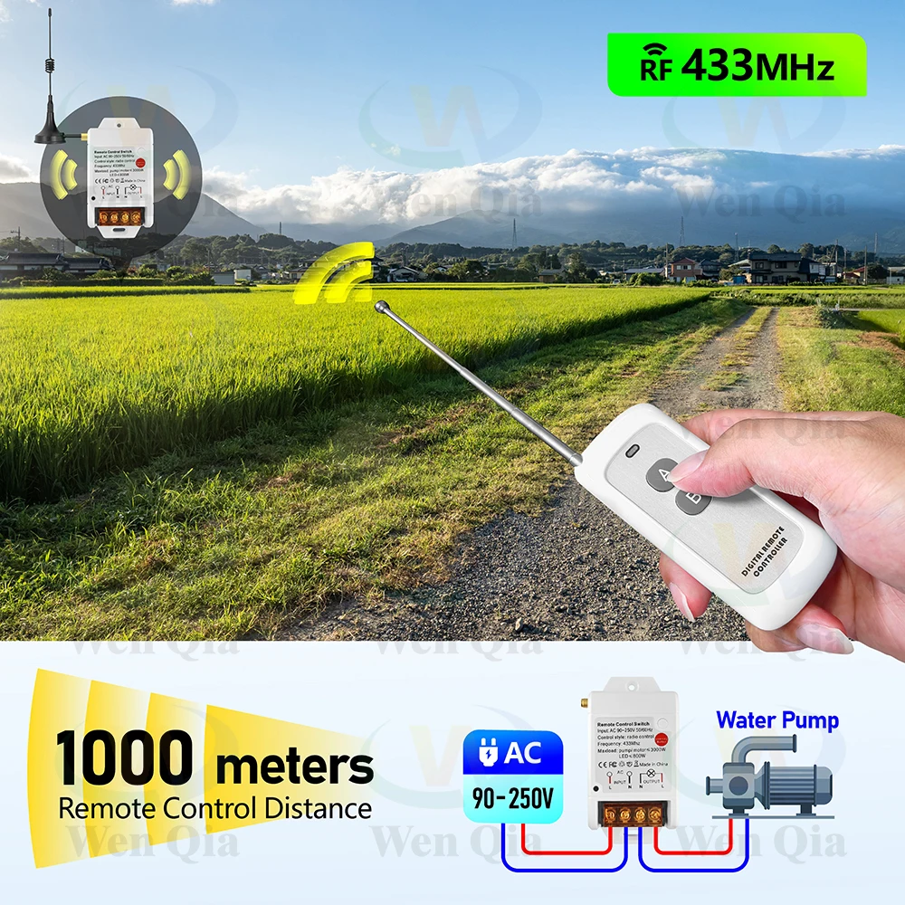 433Mhz Wireless Pump Remote Control Switch 110V 220V 30A RF Relay Module with External Antenna,1000m Transmitter,for Light/Motor