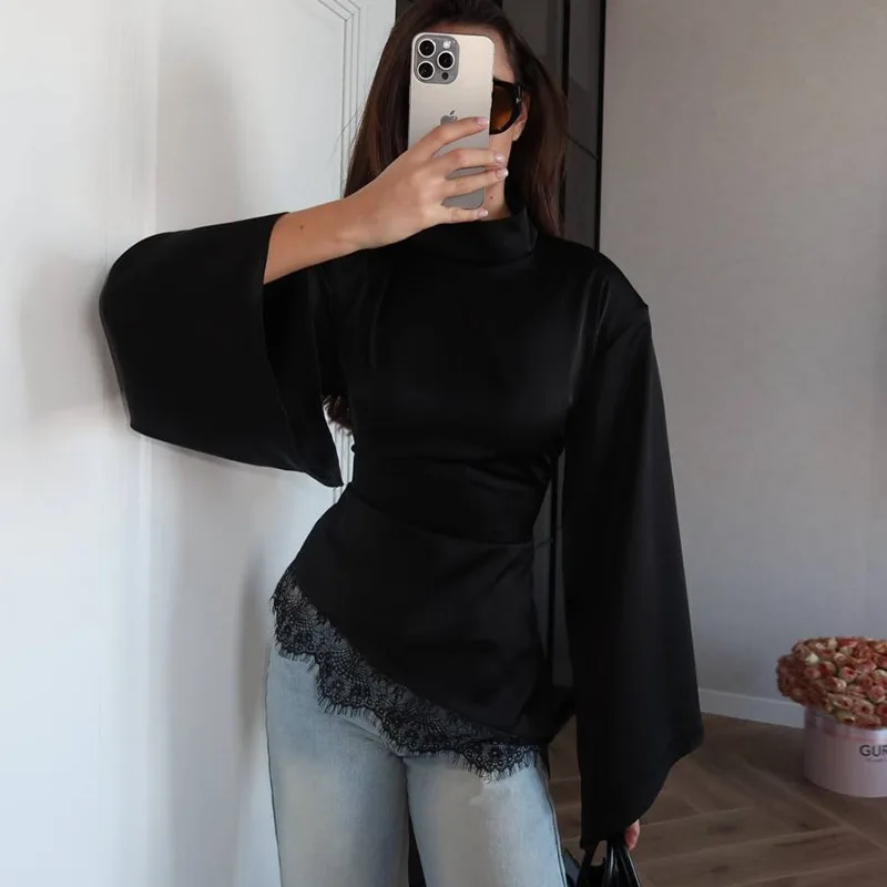 Elegant round Neck Long Sleeve T-Shirt Women's Pure Color Asymmetrical Hemline Cross-Border Spring 2026 Fashion Ladies' Top