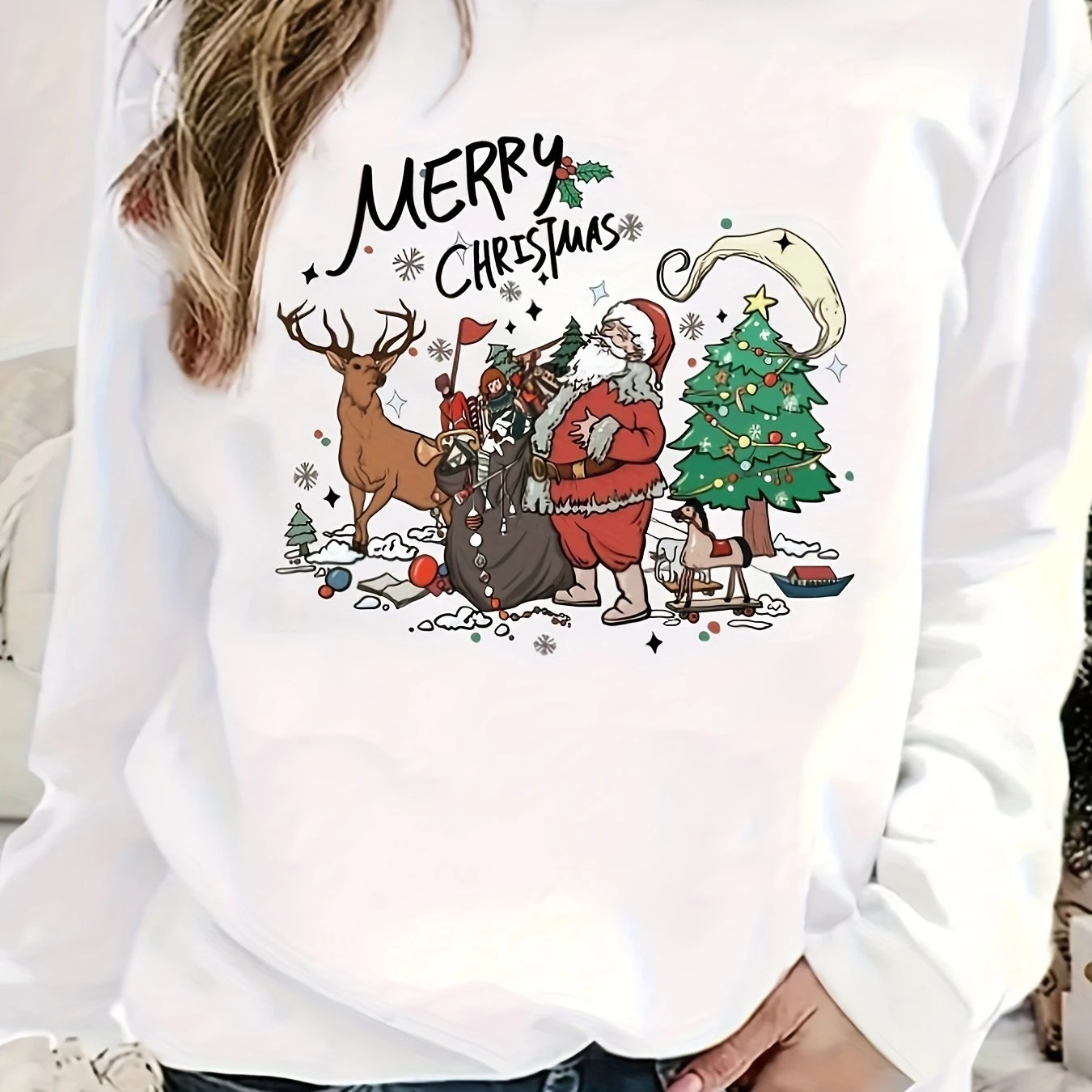 Merry Christmas Print Sweatshirt Long Sleeve CrewNeck Casual Sweatshirt For Fall & Spring, Fashion Street Style Women\'s Clothing