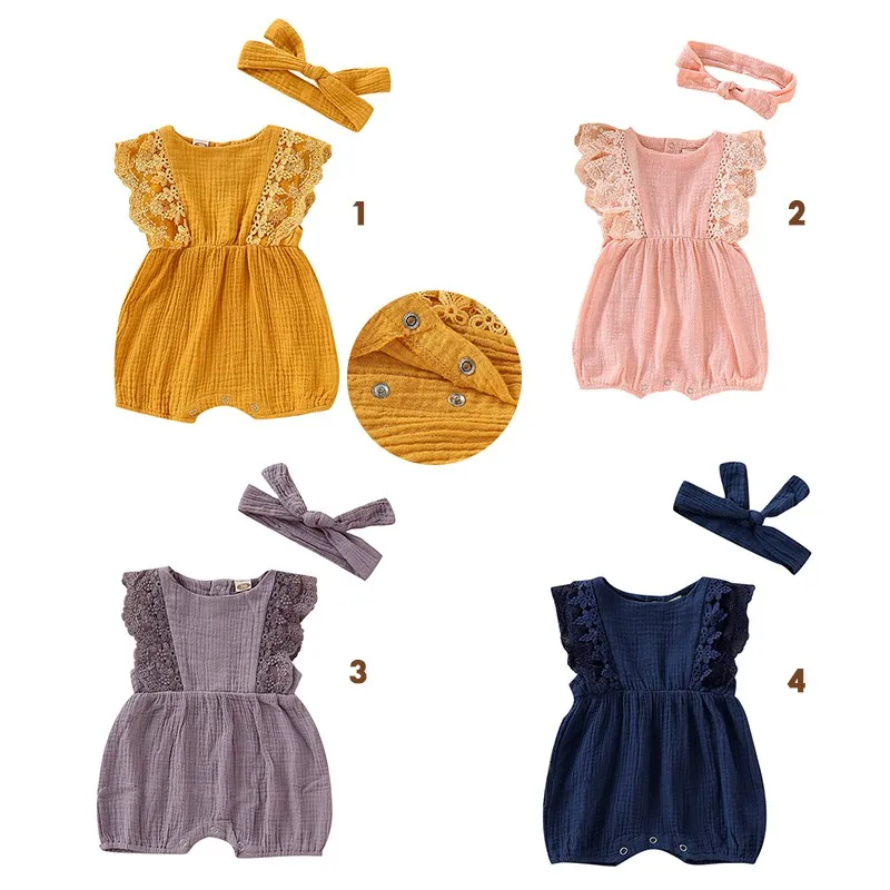 2PCS Infant Girl Cotton Romper Sleeveless Lace Jumpsuit+Headband Summer Comfortable Bodysuit for Newborn Baby Girl 0-18 Months