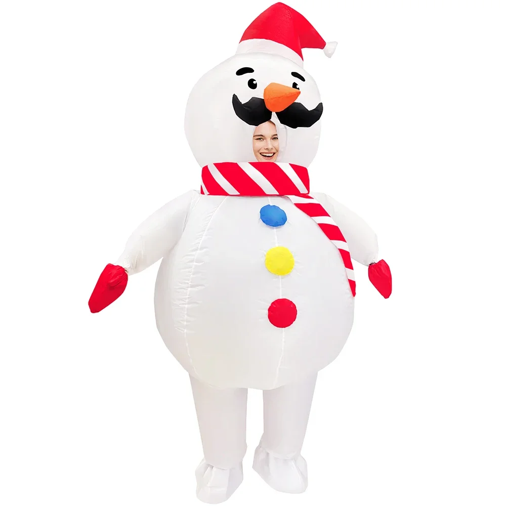 Christmas Inflatable Snowman Costume Colorful Buttons Santa Hat - Funny Giant Bearded Snowman Cosplay Suit for Holiday Party