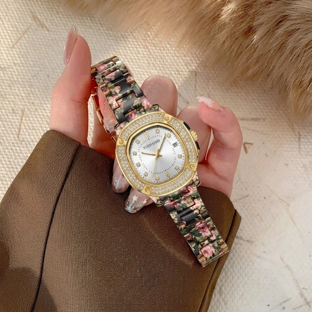 Womens Rounded Silhouette Calendar Watch Multi Section Printed Strap Retro Luxurious Style