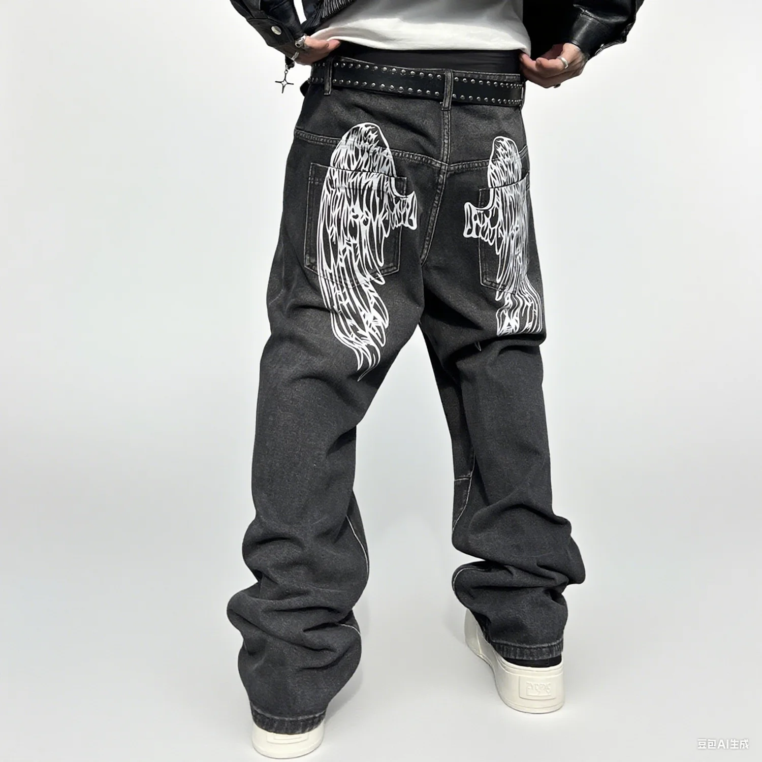 

Men's Autumn Black Street Angel Wings Pattern Loose Wide Leg Men Fashion Personality Casual Straight Leg Jeans Baggy Pants
