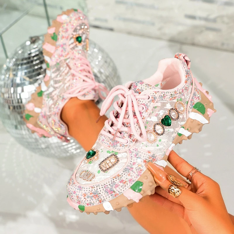 High-quality Appearance Level Platform Lace-up Rhinestone Versatile Comfortable Anti-slip Breathable Sports Casual Women's Shoes