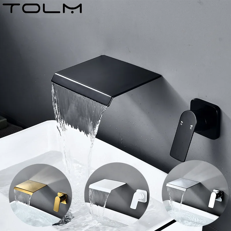 

TOLM Matte Black/Chrome Bathroom Faucet Wall Mounted Waterfall Sink Faucets Washing Basin Taps Hot & Cold Out Water Mixer Tap