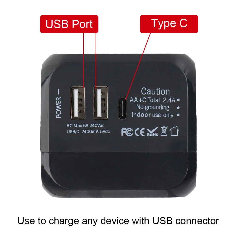 Дорожное зарядное устройство с вилкой США, ЕС, Великобритании, Австралии, 2 портами USB и универсальным дорожным адаптером типа C, универсальное настенное зарядное устройство на 6 А
