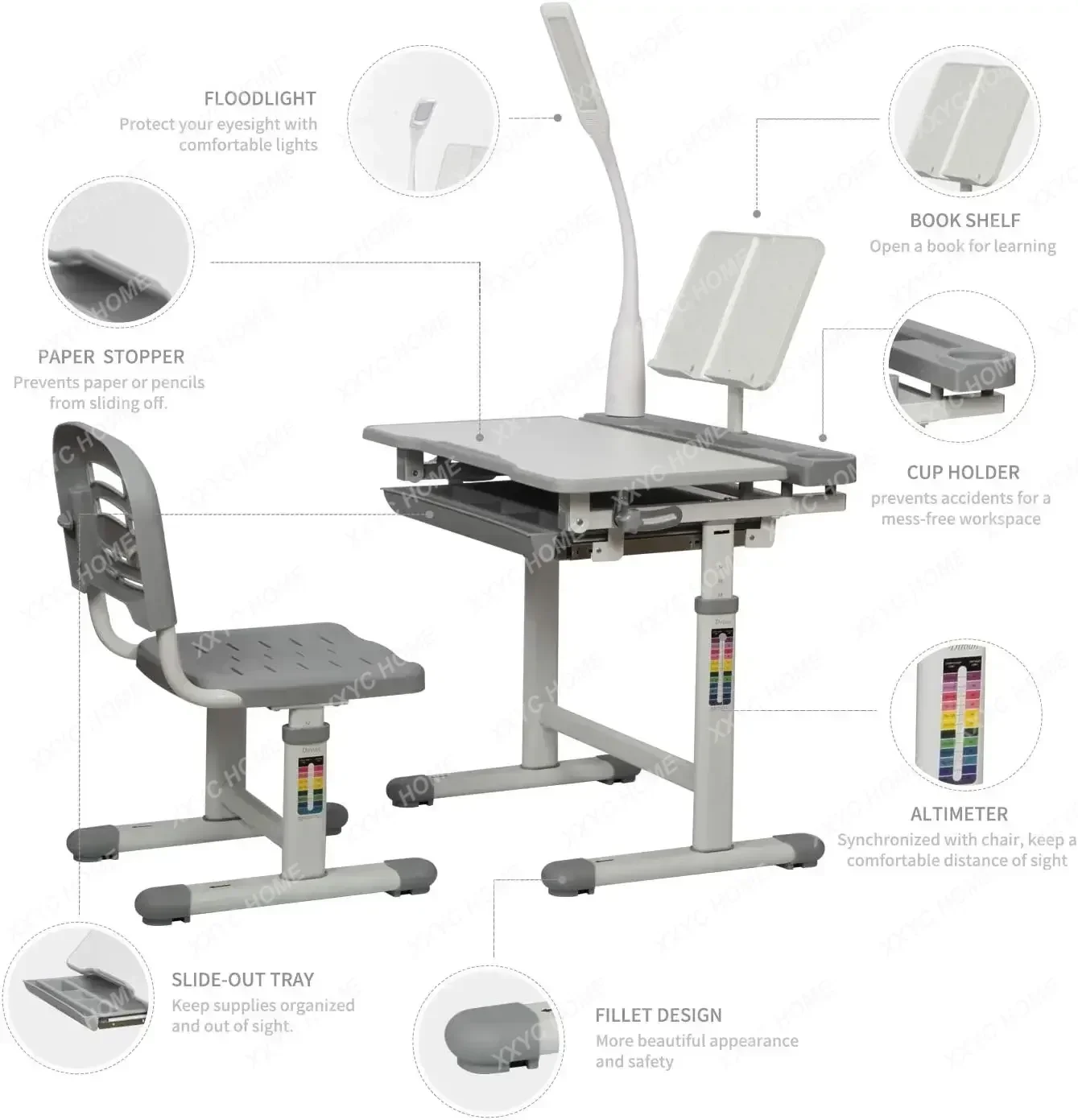 Kids Functional Desk and Chair Set, Height Adjustable Children School Study Desk with Tilt Desktop, Bookstand
