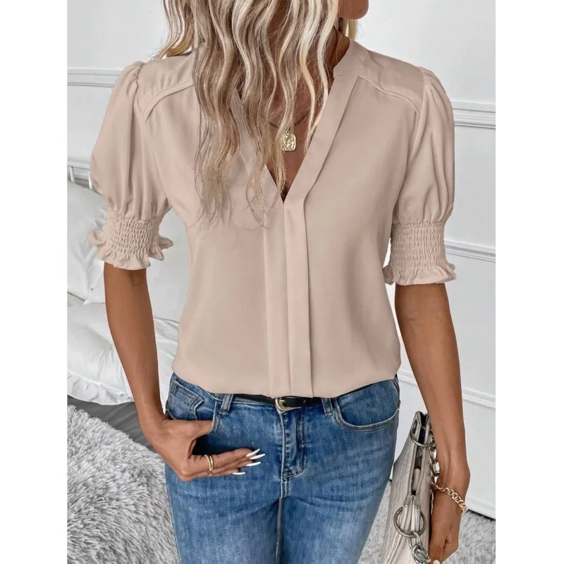 

Elegant Women's Solid Tops Shirts Summer Lady Casual Short Puff Sleeved V-Neck Blouse Fashion Office Lady Commute All-match Tops