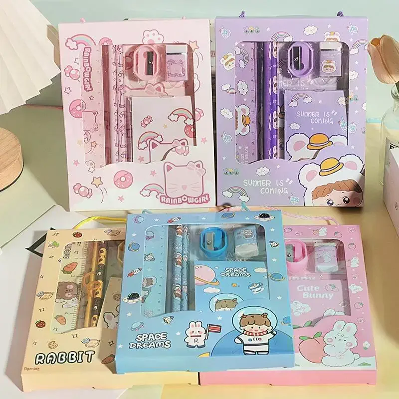 Cartoon Rabbit Pencil Ruler Eraser Sharpener Stationery Set Student School Office Writing Supplies Kindergarten Kids Gift