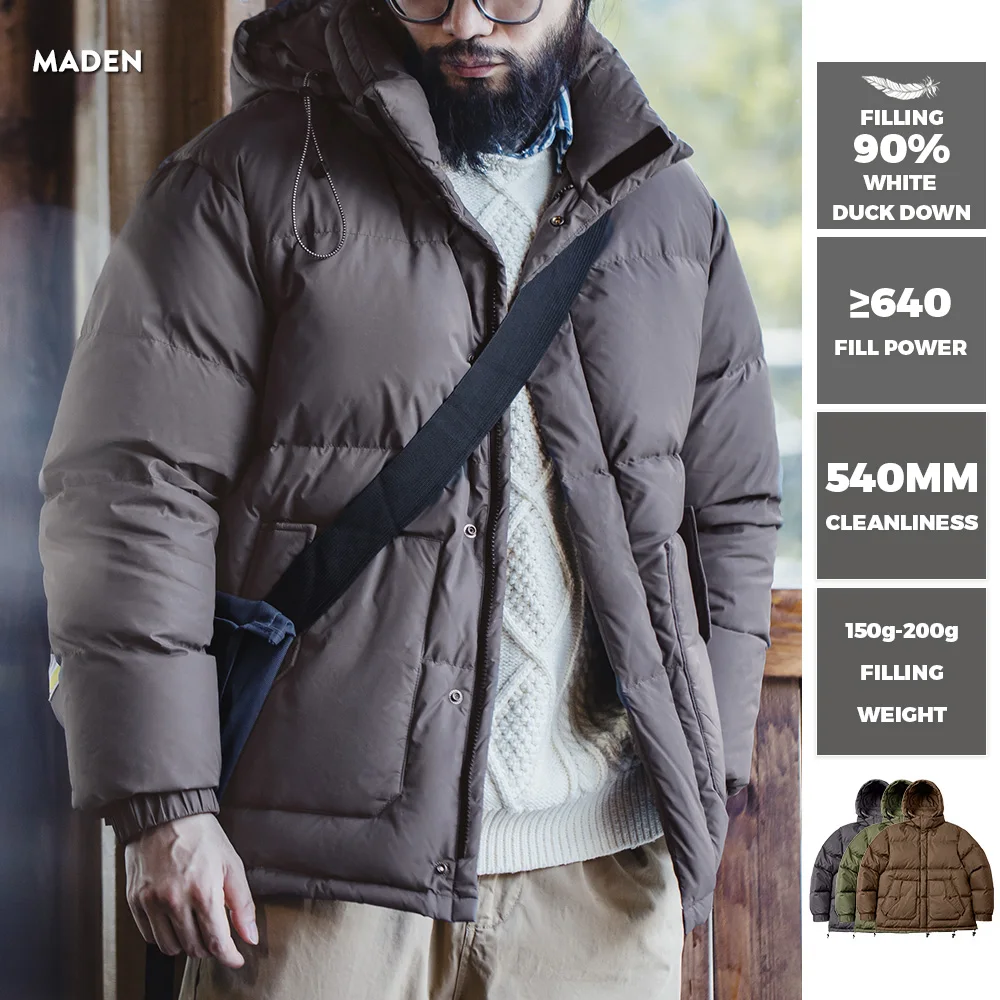 Maden Vintage Waxed Down Jacket for Men Warm Thick Hooded Stand Collar Puffer Coat Outdoor Winter Cold-Proof Outerwear