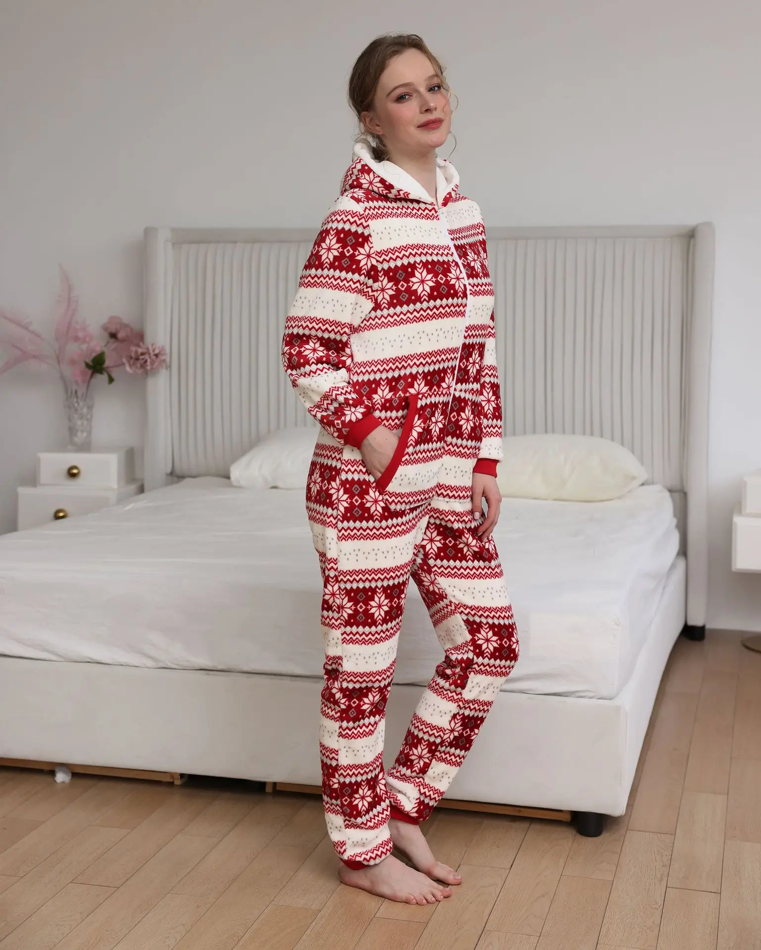 Winter Warm Snowflake Print Pyjamas Women Onesies Flannel Sleepwear Size XXL Hood Sets Pajamas For Women Adult