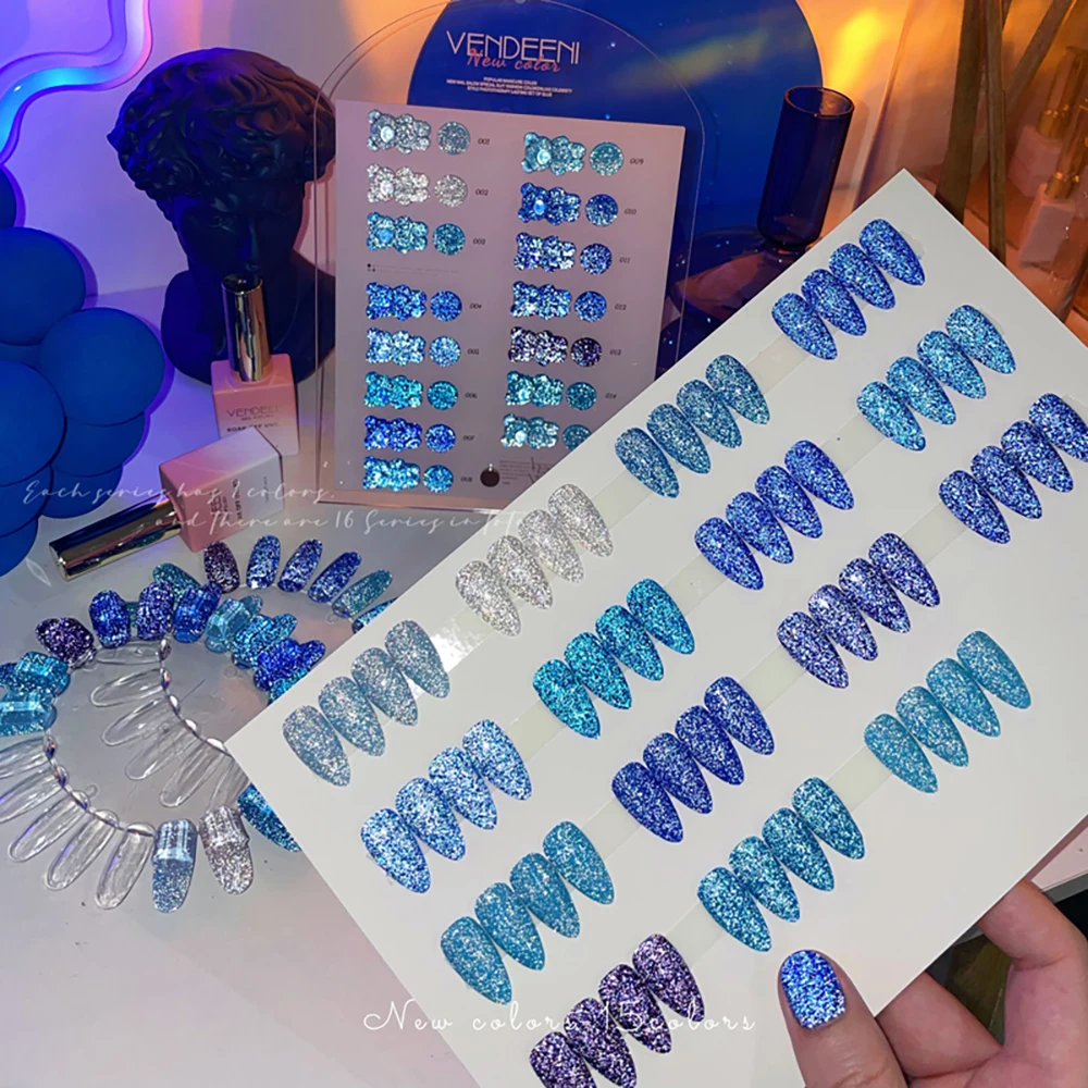 Vendeeni 15 Farben/Set Blauer Glitzer-Broken-Diamond-Gel-Nagellack Semi-Permanenter UV-LED-Soak-Off-Gel-Lack mit Display – Detail 8