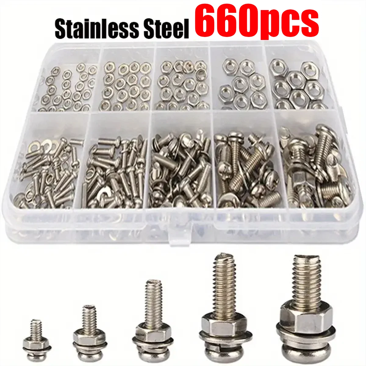 660pcs stainless steel Phillips head pan head screw, nut, and washer set; M2, M2.5, and M3 Phillips head bolt fastener set.