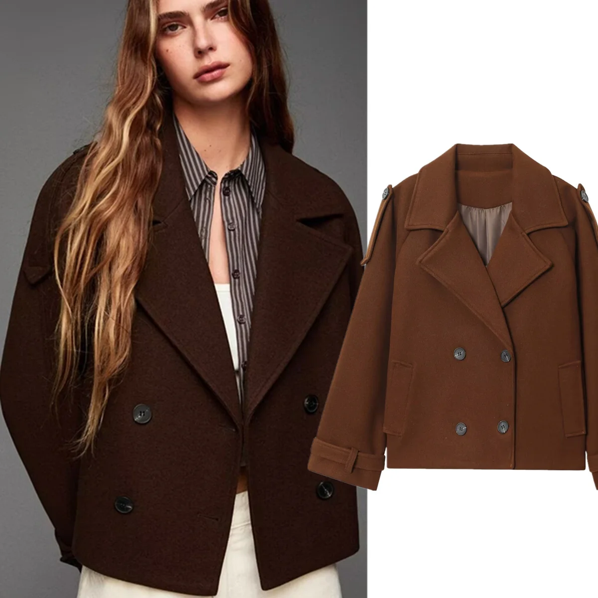 

Jenny&Dave Minimalist Fashion Office Lady Double Breasted Loose Jacket Coat Woolen Fabric Women's Jacket Woman Clothes Tops