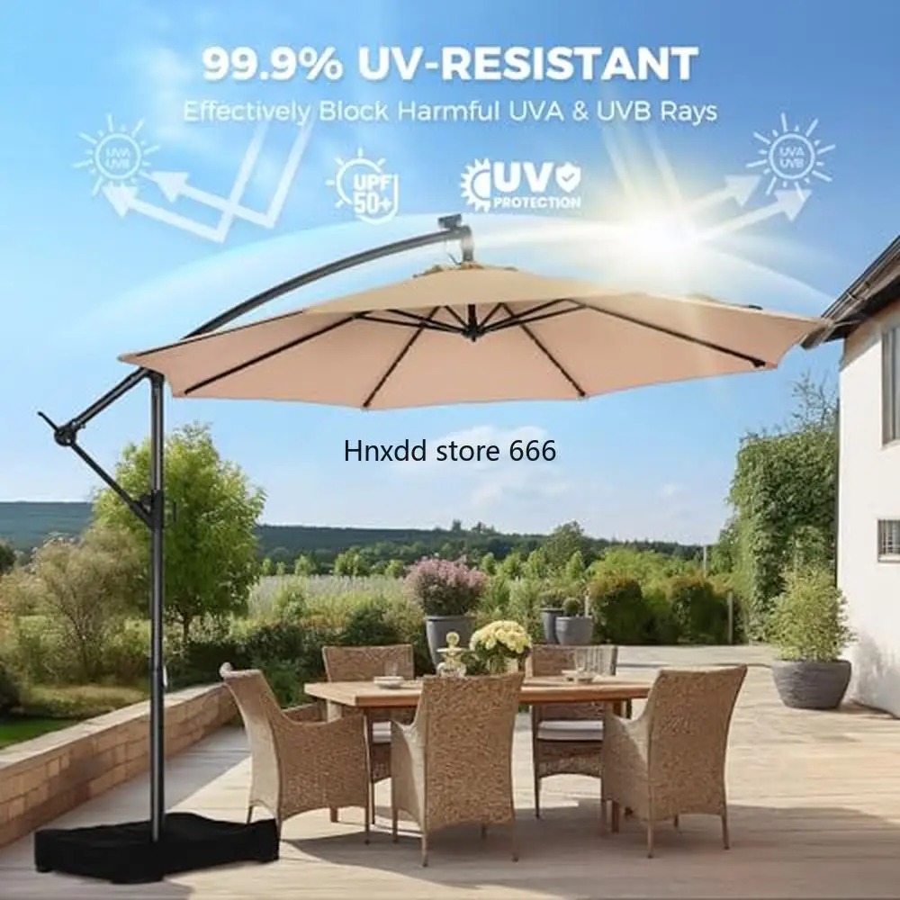 Solar Powered 10ft Offset Cantilever Patio Umbrella with LED Lights and Base High-Quality UV Resistant Outdoor Market Umbrella