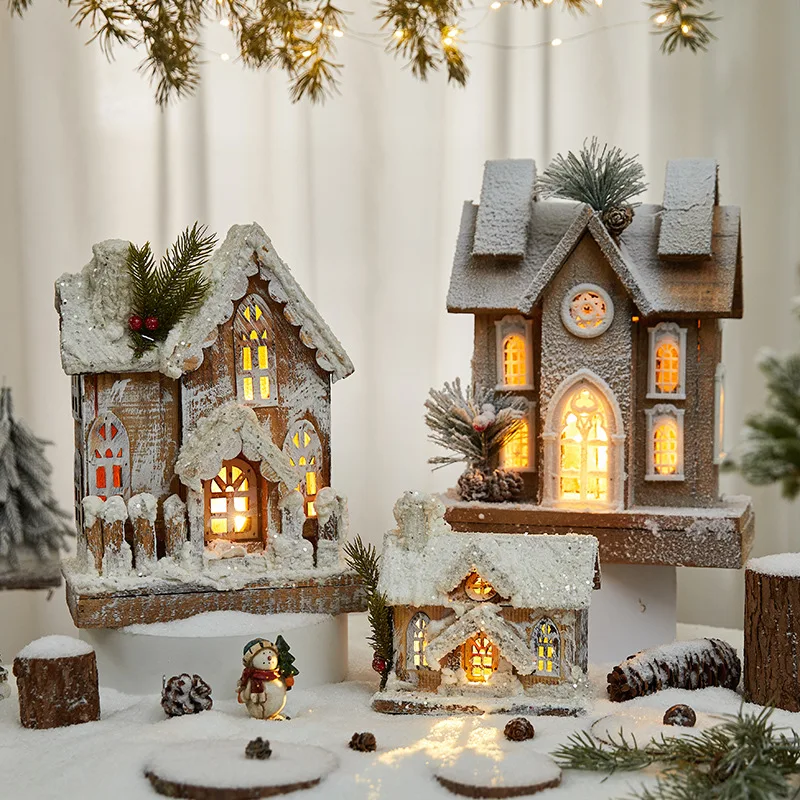 zv-Christmas European creative snow house luminous wooden house ornaments shopping mall window holiday scene decoration house*
