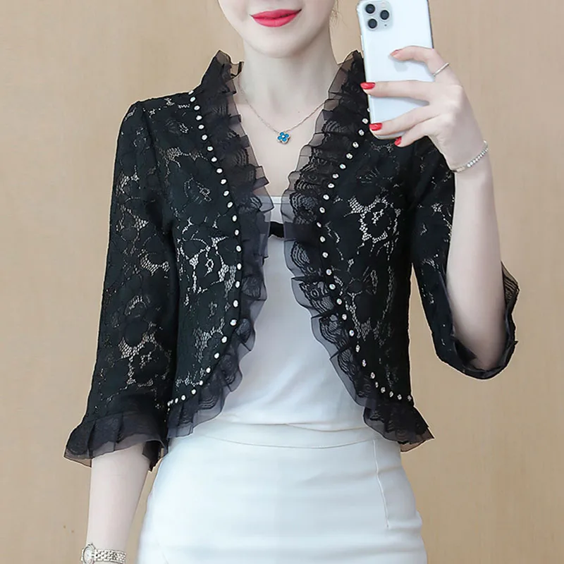 Jaqueta feminina jaqueta feminina novo verão com decote em v jaqueta feminina branco oco para fora miçangas rendas casaco feminino outerwears q5002