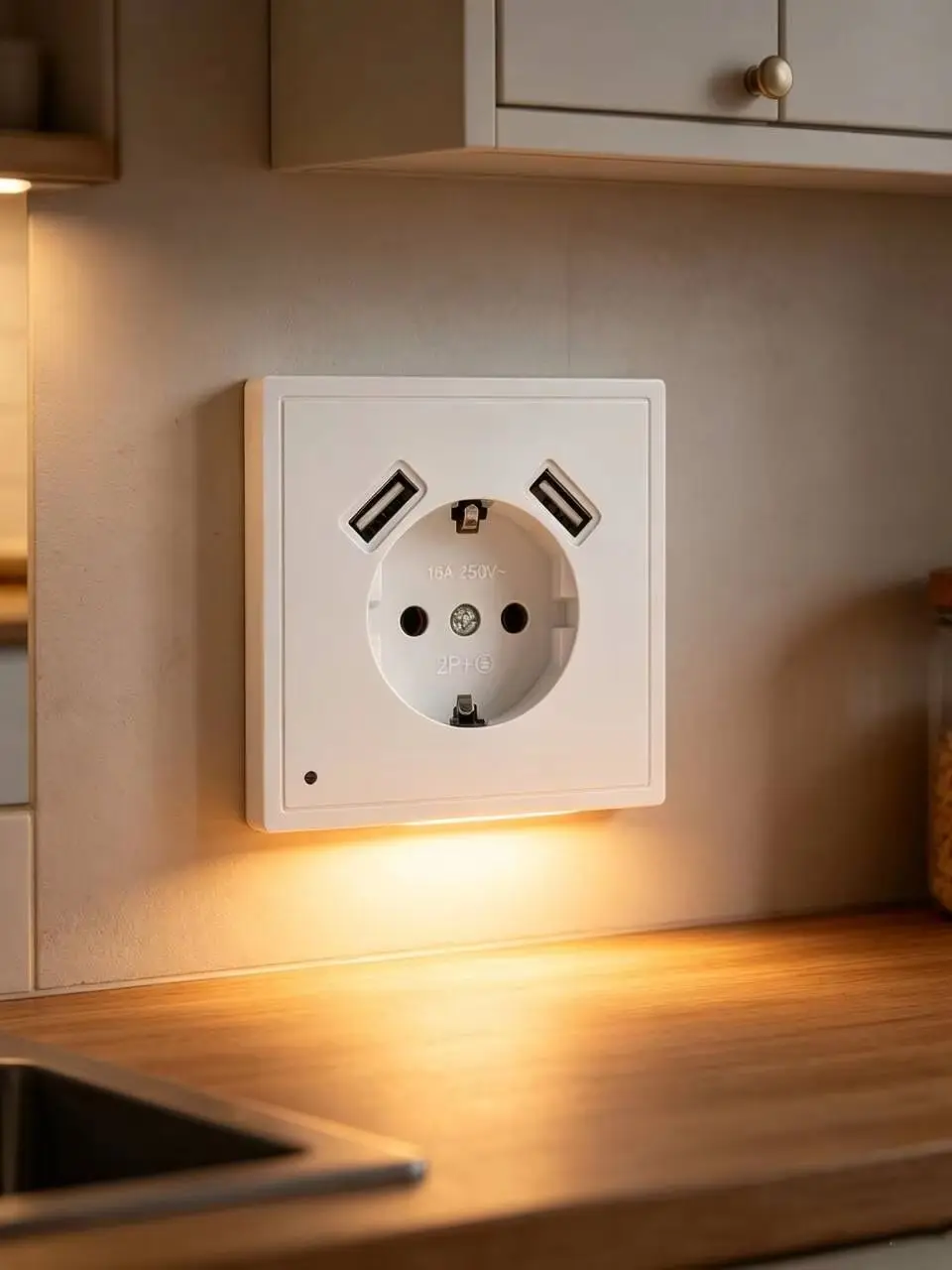 Gniazdo ścienne EU z 2 portami USB 5V 2A, lampka nocna LED z czujnikiem światła, gniazdo zasilania Schuko — 2