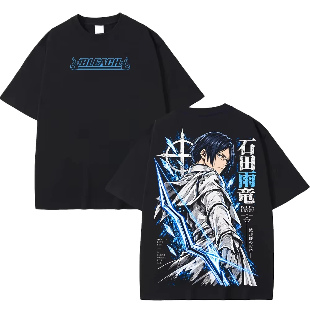 BLEACH Uryu Ishida Anime Print Unisex T-Shirt, Vintage Manga Pattern Front Back Double Print Loose Short Sleeve Top T-Shirt
