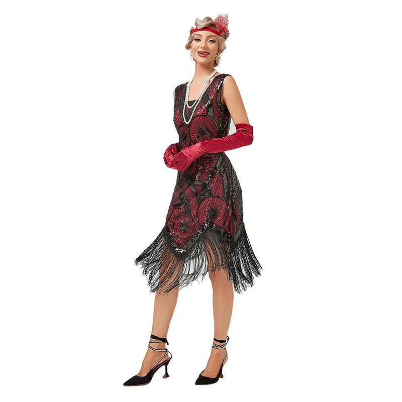 Abiti da donna con paillettes in rilievo Art Deco Flapper 20s Great Gatsby Party Fringe Dress con scollo a v senza maniche ricamo Midi Dress