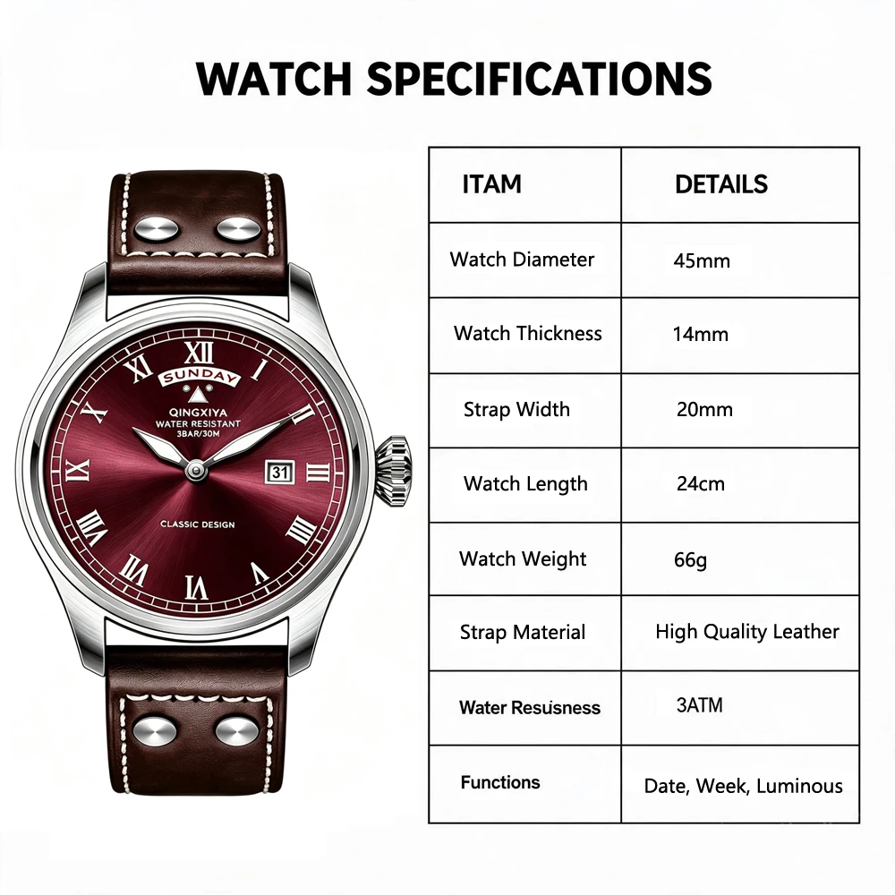 QINGXIYA Modische Casual Herren Quarzuhr Luxus Leder Wasserdichte Sportuhr Militäruhr für Männer Relogio Masculino – Detail 18