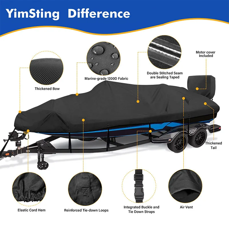 Factory Custom 16-18.5 Inch Waterproof Heavy Duty Boat Cover Breathable Outdoor 600d Oxford Cloth V-Shaped Boat Cover