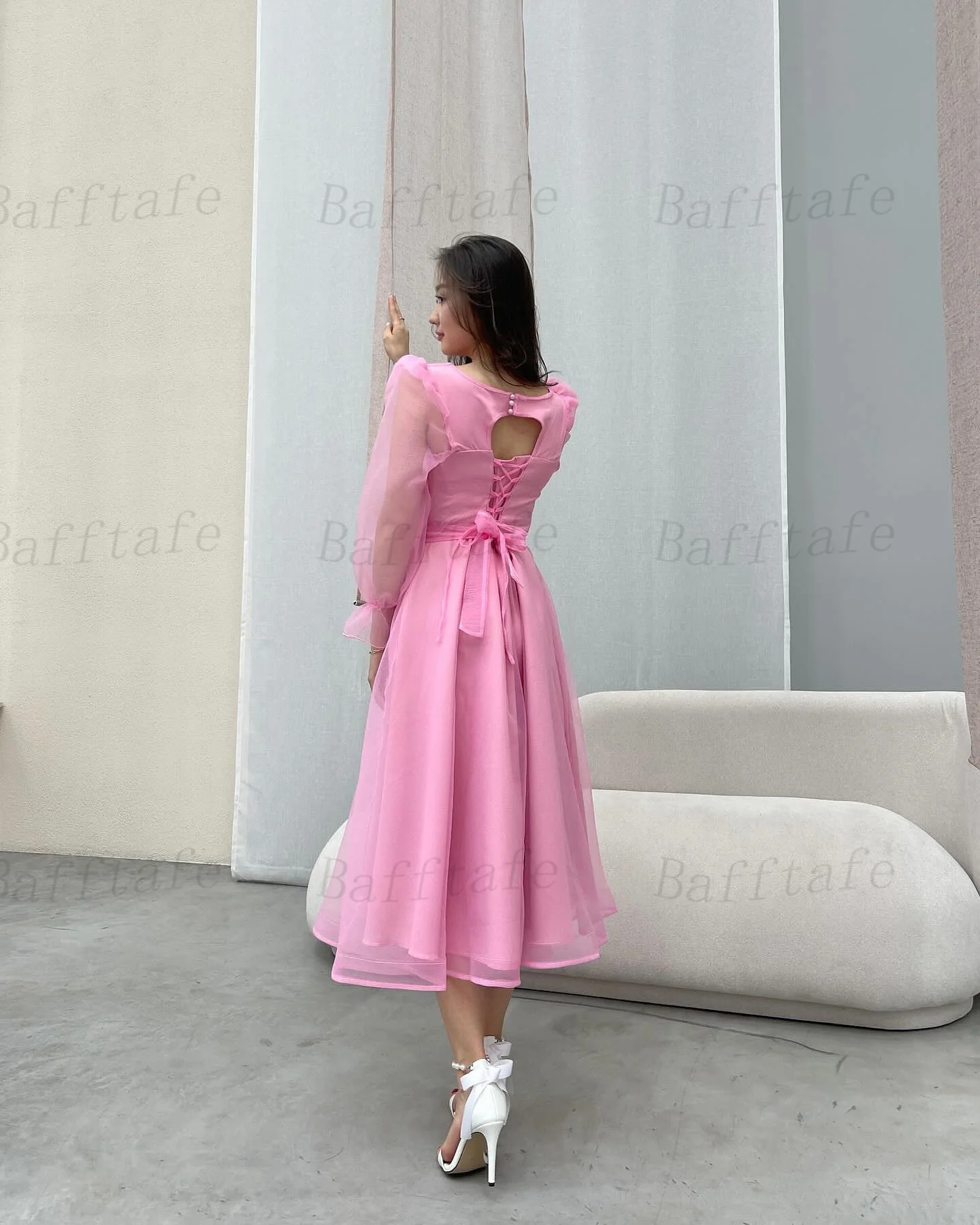 Bafftafe Customized Pink Organza Prom Dresses Long Sleeves Ankle Length Midi Formal Evening Dress Women Special Occasion Gowns