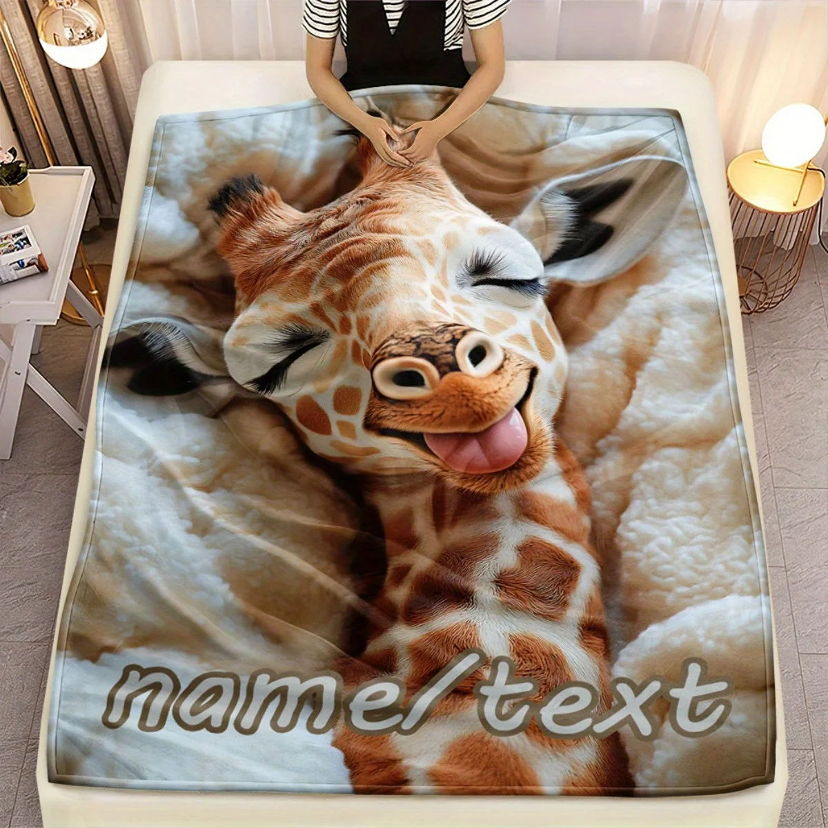 Customized Giraffe Blanket Personalized Name _ Text Soft Flannel Bed Cover, Cute Giraffe Pattern, Comfortable Bedding
