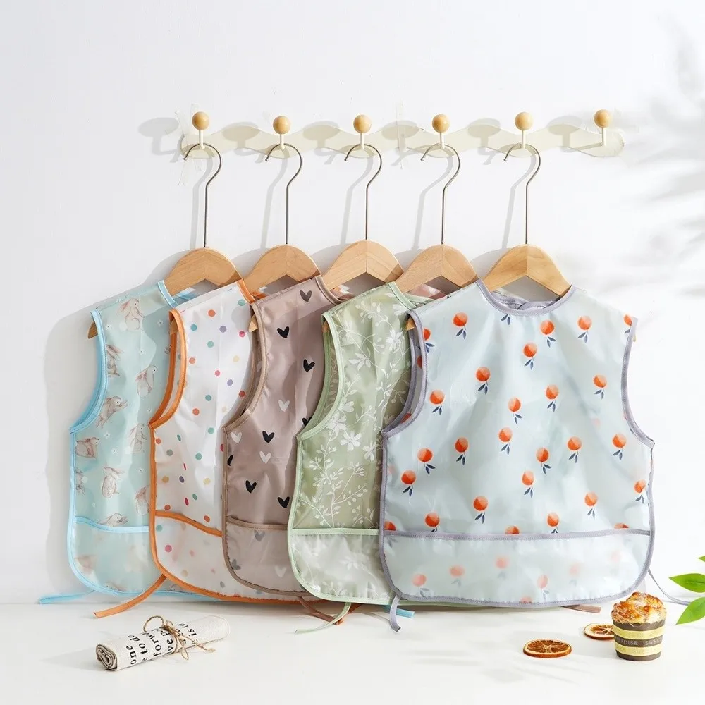 Waterproof Baby Feeding Bib Sleeveless Design Cartoon Print Toddler Eating Apron Lightweight Fabric Food Catcher Pocket