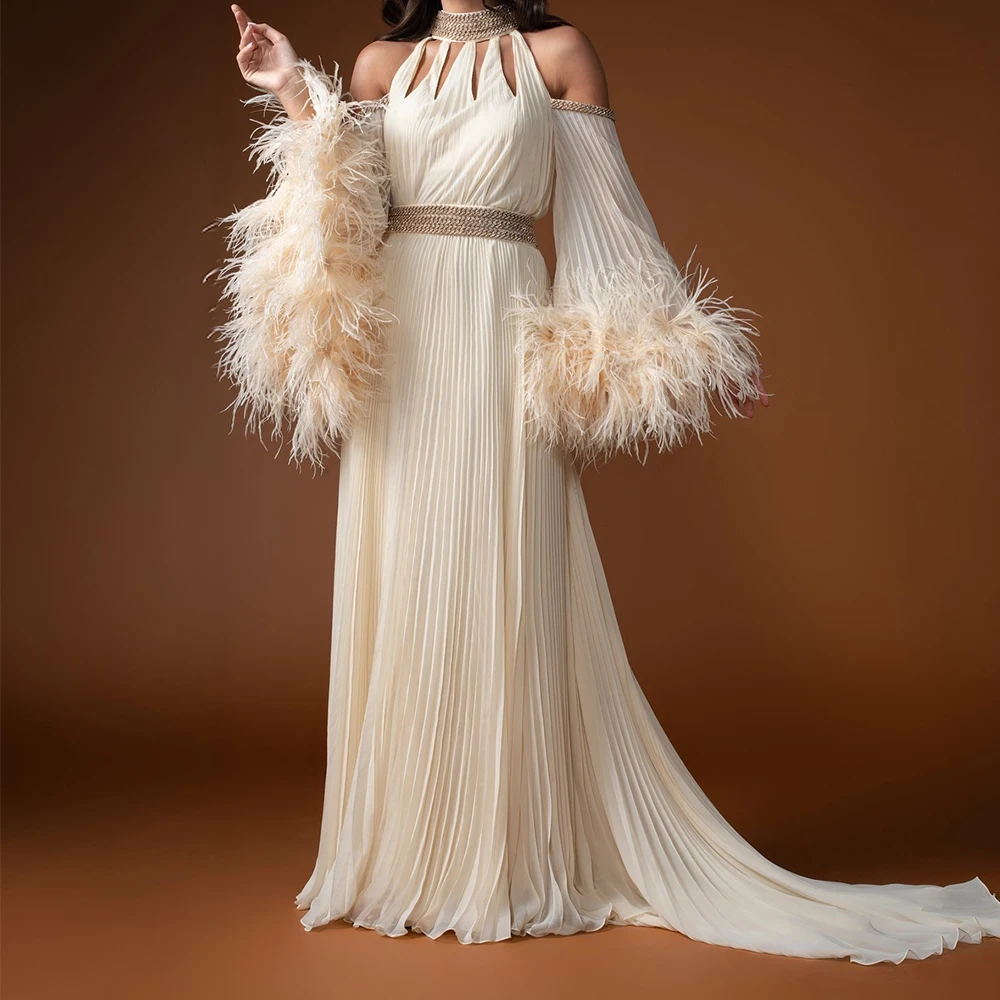 

Temperament Crystal Chiffon Straight Feathers Evening Dress High Quality Long Sleeves Crew neck Floor Length vestidos de fiesta