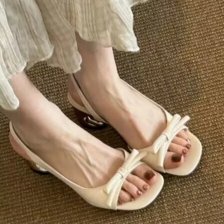 

Fashionable Retro Versatile Bow Chunky Heel Open Toe Sandals for Women 2026 New French Style High Heels