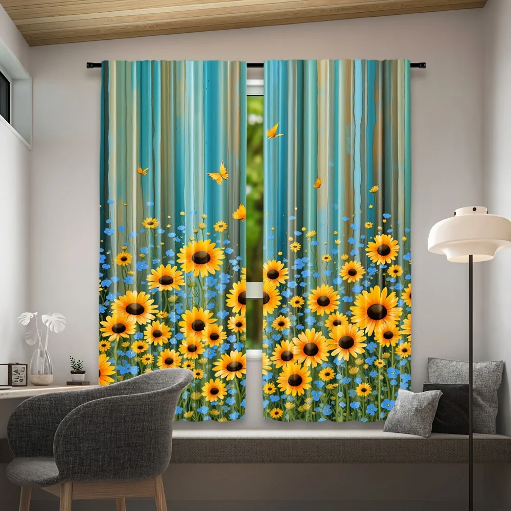 2pcs Watercolor Sunflower Curtains - Semi-Transparent, Rustic Floral Print with Wood Grain Design, Rod Pocket for Easy Hanging,